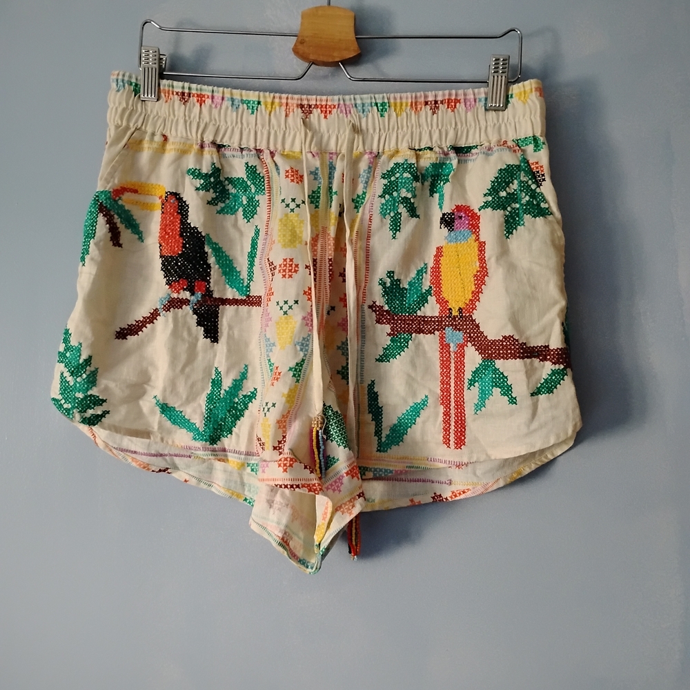 FARM Rio Embroidered Cross Stitch Linen Blend Shorts L